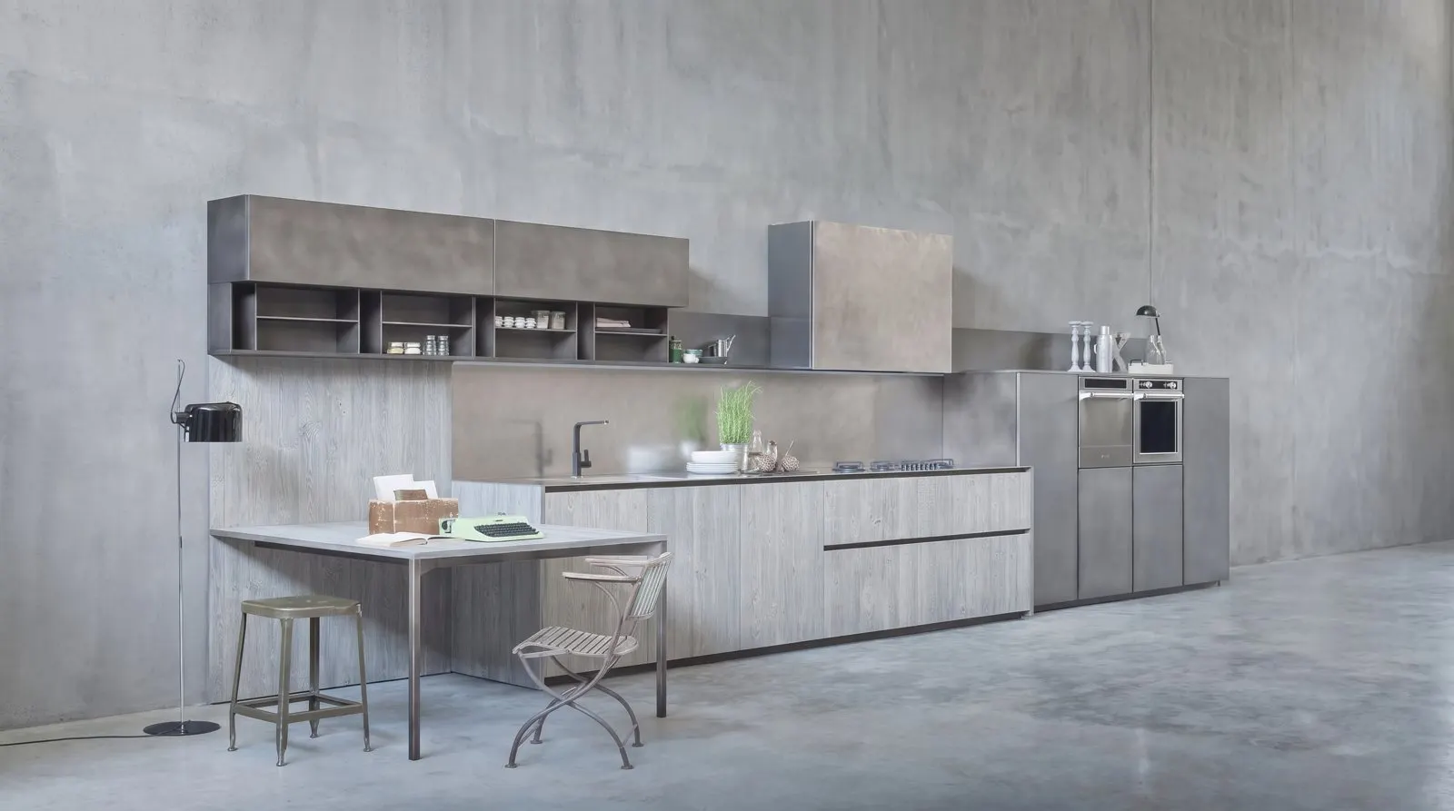Concrete-finish kitchen with breakfast bar