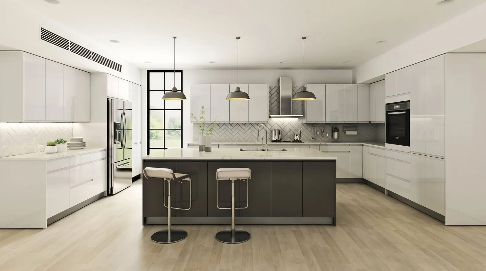 White gloss kitchen with island seating