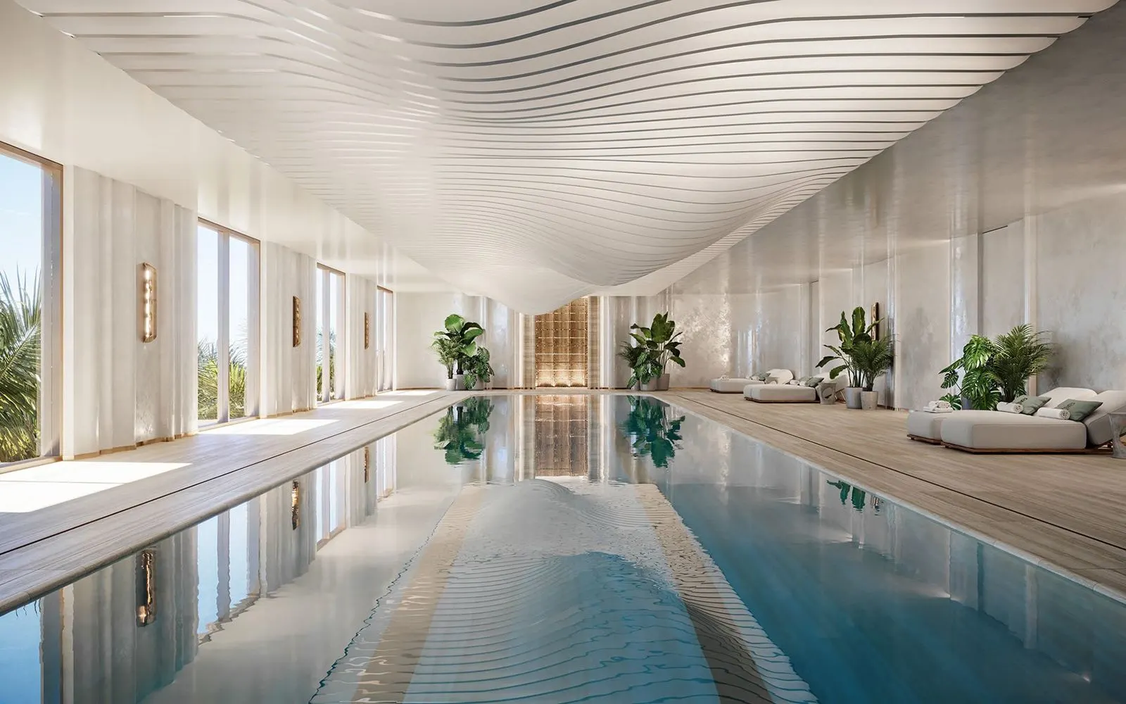 Indoor pool with sculpted ceiling